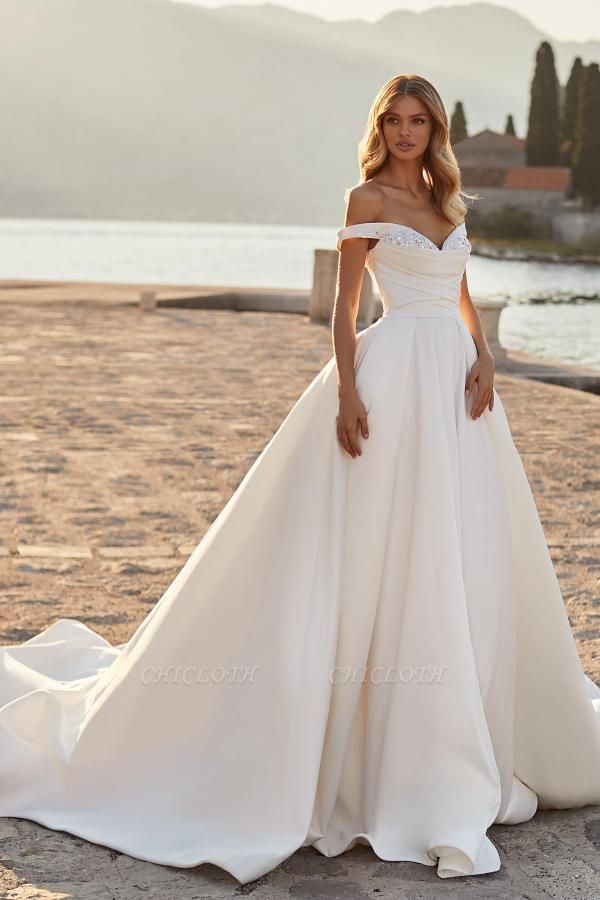 Elegant Off the Shoulder Chapel Train A-Line Sweetheart Satin Wedding Dress with Appliques