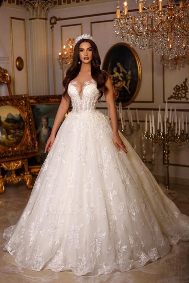 Exquisite Sleeveless Floor Length Deep A-Line V-Neck Lace Ball Gown Wedding Dress with Appliques