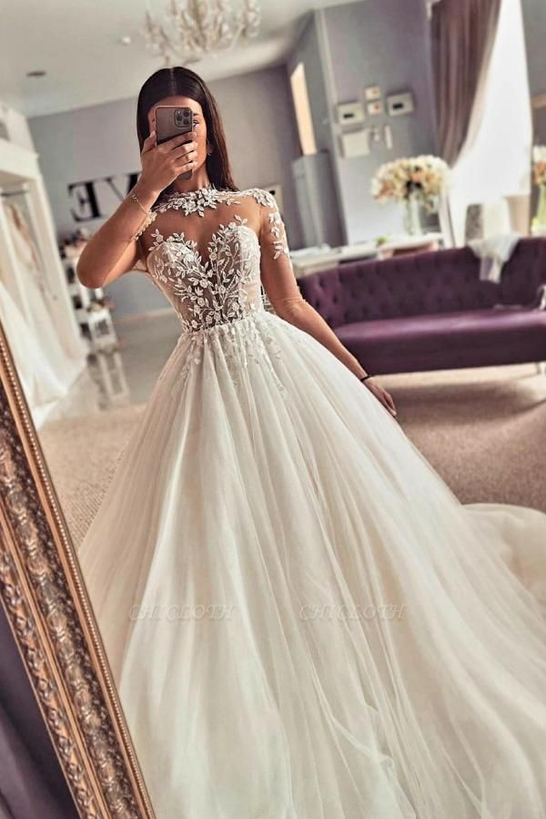 Gorgeous Jewel Long Sleeves Floor Length A-Line Lace Wedding Dress with Appliques