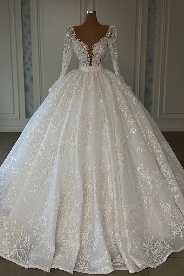 Exquisite Long Sleeve Floor Length Deep V-Neck Lace Ball Gown Wedding Dress with Appliques