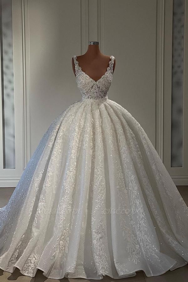 Gorgeous Sweetheart Floor Length Sleeveless Lace Ball Gown Wedding Dress with Ruffles