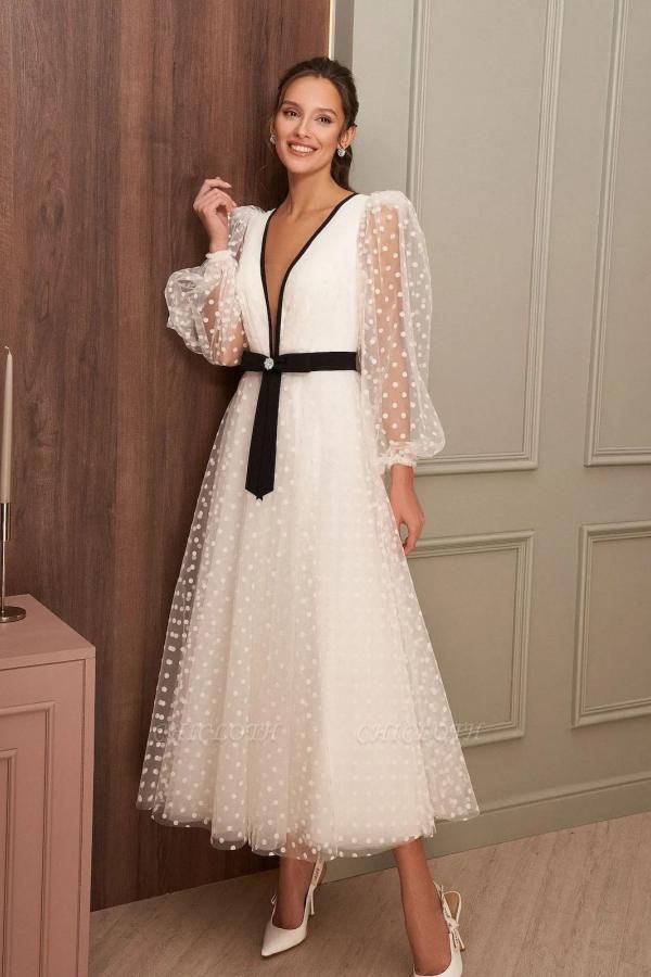 Exquisite A-Line Deep V-Neck Tea-Length Tulle Wedding Dress