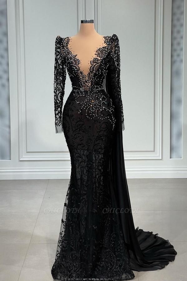 Charming Black V-Neck Long Sleeves Mermaid Prom Dress with Appliques