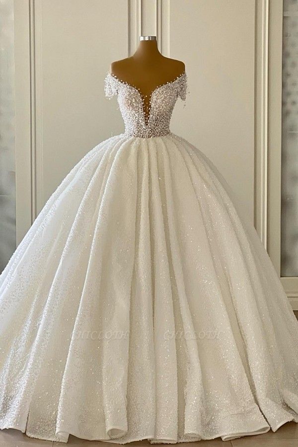 Gorgeous Off the Shoulder Strapless Ball Gown Wedding Dress with Ruffles