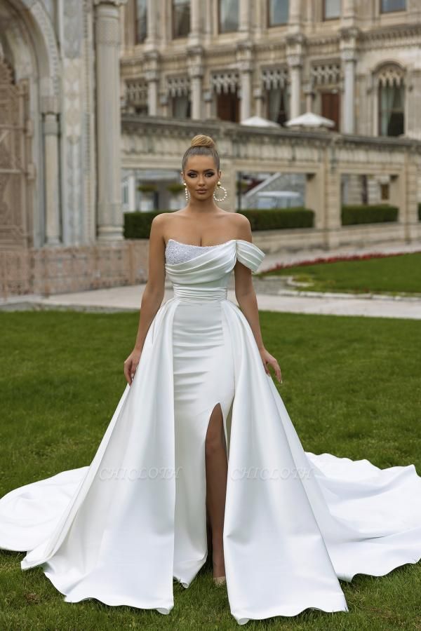 Fabulous One Shoulder Chapel Train Satin Wedding Dress with Ruffles