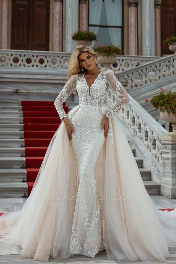 Charming V-neck Mermaid Long Sleeves A-Line Tulle Wedding Dress with Appliques