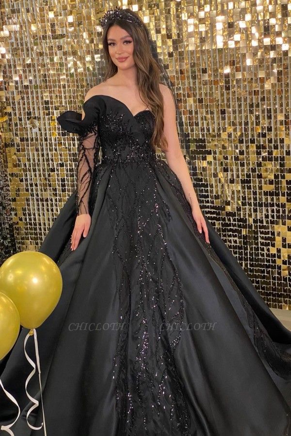 Chic BLACK Asymmetrical One Shoulder Floor Length Ball Gown Wedding Dress