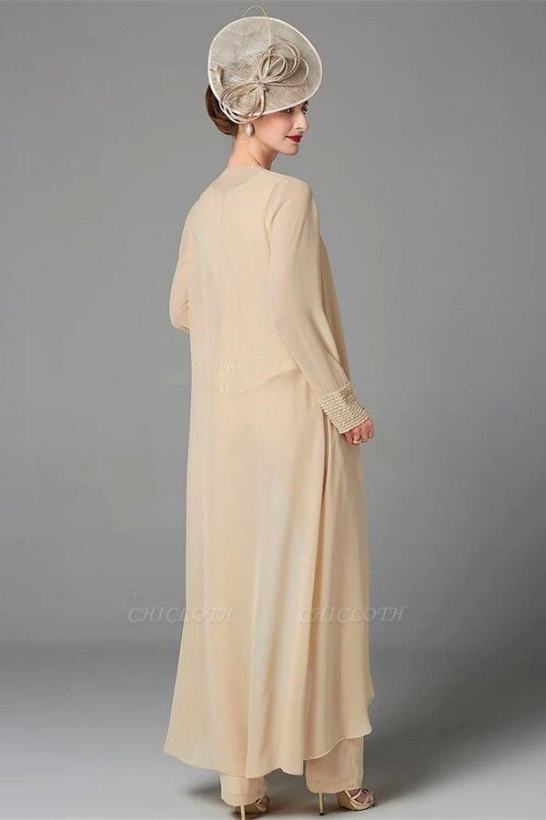 Ivory Beading Floor Length Jewel Long Sleeves Chiffon Mother Dress Formal Dress