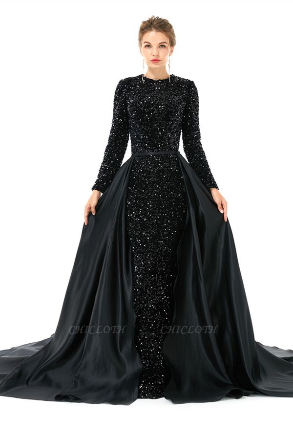 Charming Black Long Sleeves Sequins Jewel Prom Dress