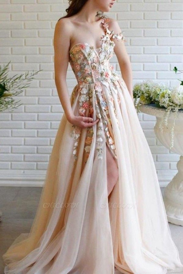 Exquisite Asymmetrical One Shoulder A-Line Floor Length Tulle Prom Dress with Ruffles