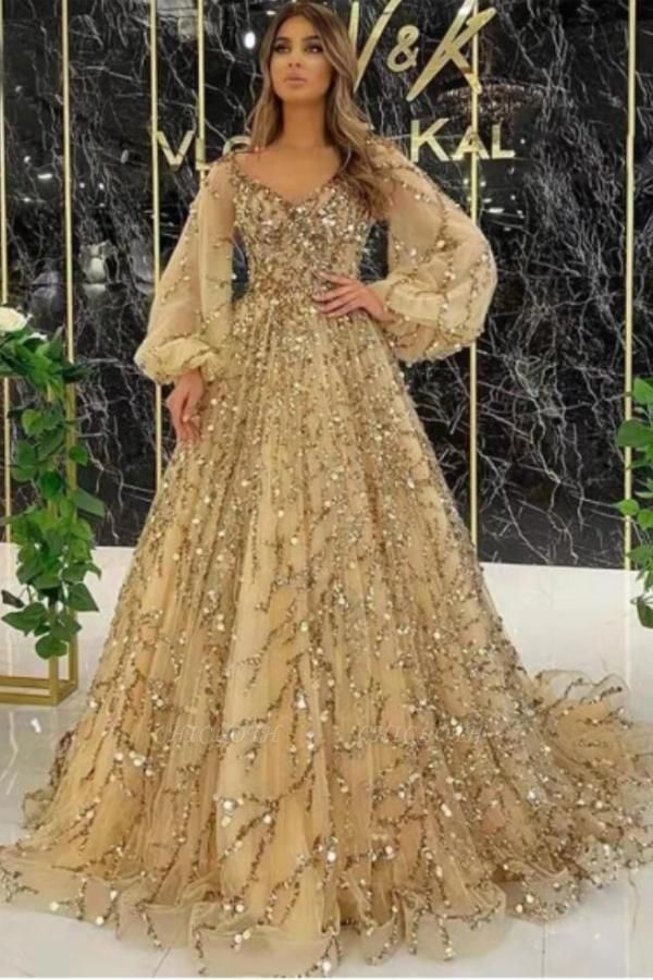 Exquisite Yellow Beading V-Neck Floor Length Long Sleeves A-Line Prom Dress