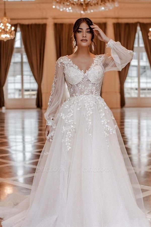 Charming V-neck Long Sleeves A-Line Chapel Train Wedding Dress with Appliques