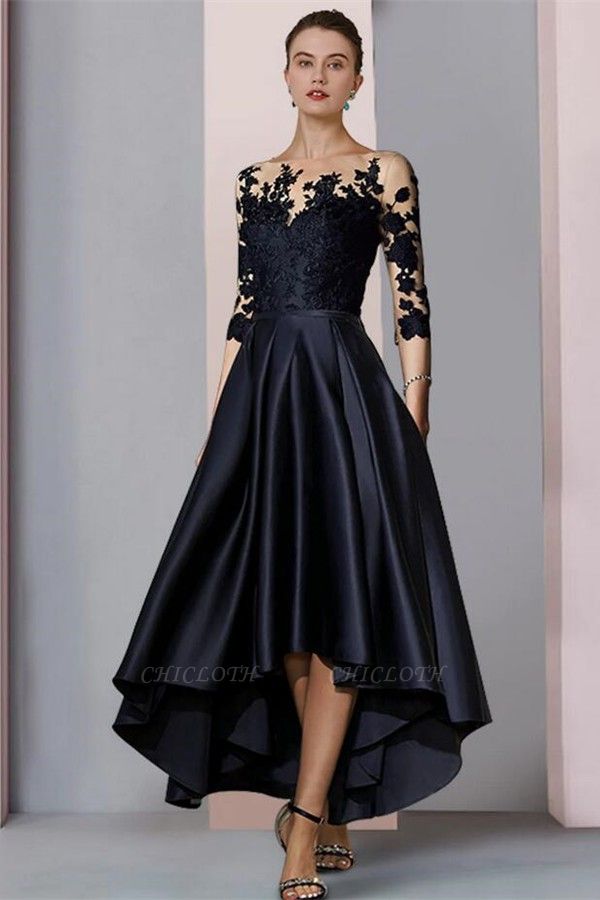 Charming Black Tea Length 3/4 Sleeves A-Line Satin Mother Dress Formal Dress with Appliques