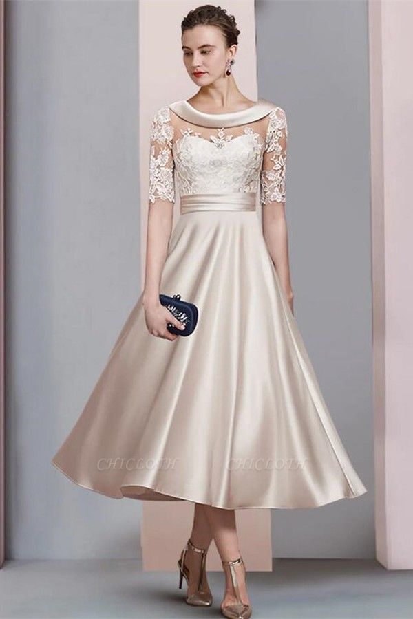 Elegant Ivory Bateau Jewel Lace Beading A-Line Tea Length Satin Mother Dress Formal Dress