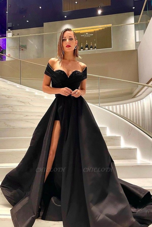 Deluxe Black A-Line Strapless Off the Shoulder Stretch Satin Prom Dress