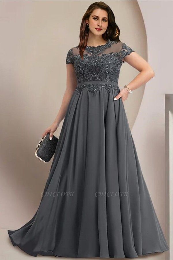Elegant Grey Jewel Floor Length Zipper Short Sleeves Sheath Chiffon Prom Dress with Ruffles