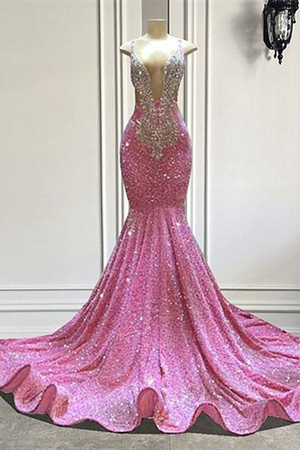 Chic Pink Sequined Sleeveless Straps Floor Length Beading Prom Dress