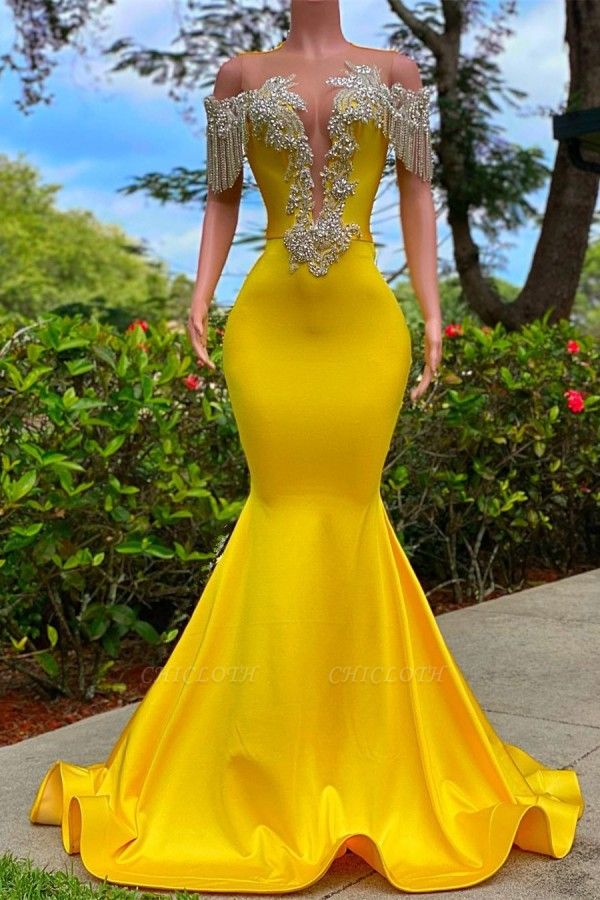 Gorgeous Yellow Tassel Off the Shoulder Beading Prom Dress with Ruffles