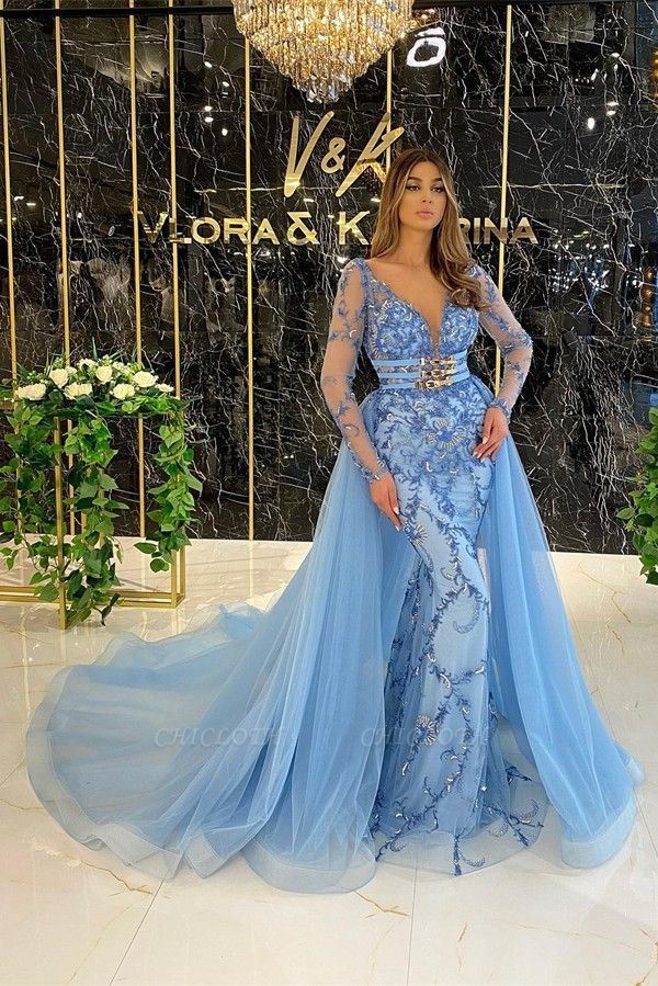 Charming Blue V-neck Long Sleeves A-line Floor length Prom Dress