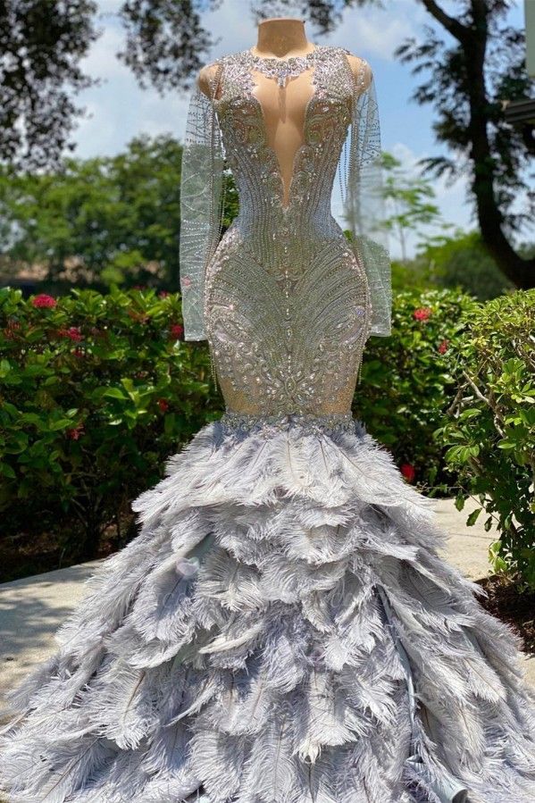 Fabulous Grey Sequined Beading Feather Mermaid Long Sleeves Lace Prom Dress