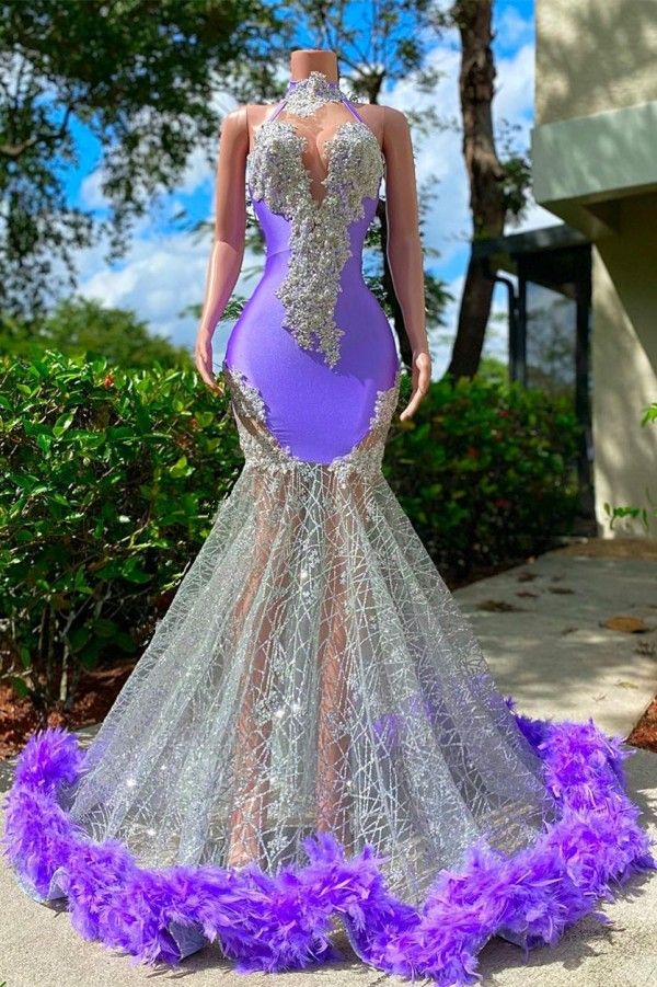 Charming Purple Halter Floor Length Satin Prom Dress with Appliques