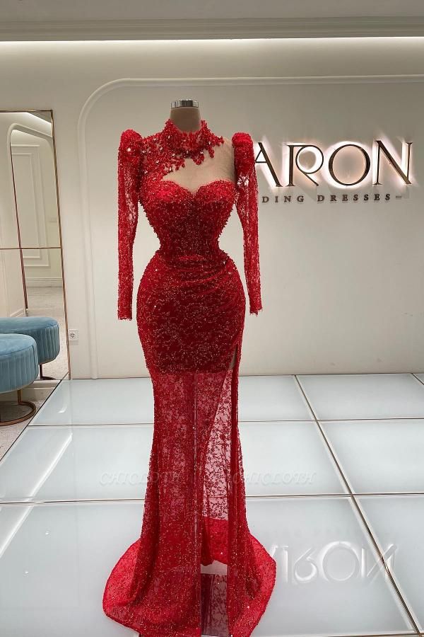 Fabulous Ruby High Collar Sequined Beading Mermaid Long Sleeves Prom Dress