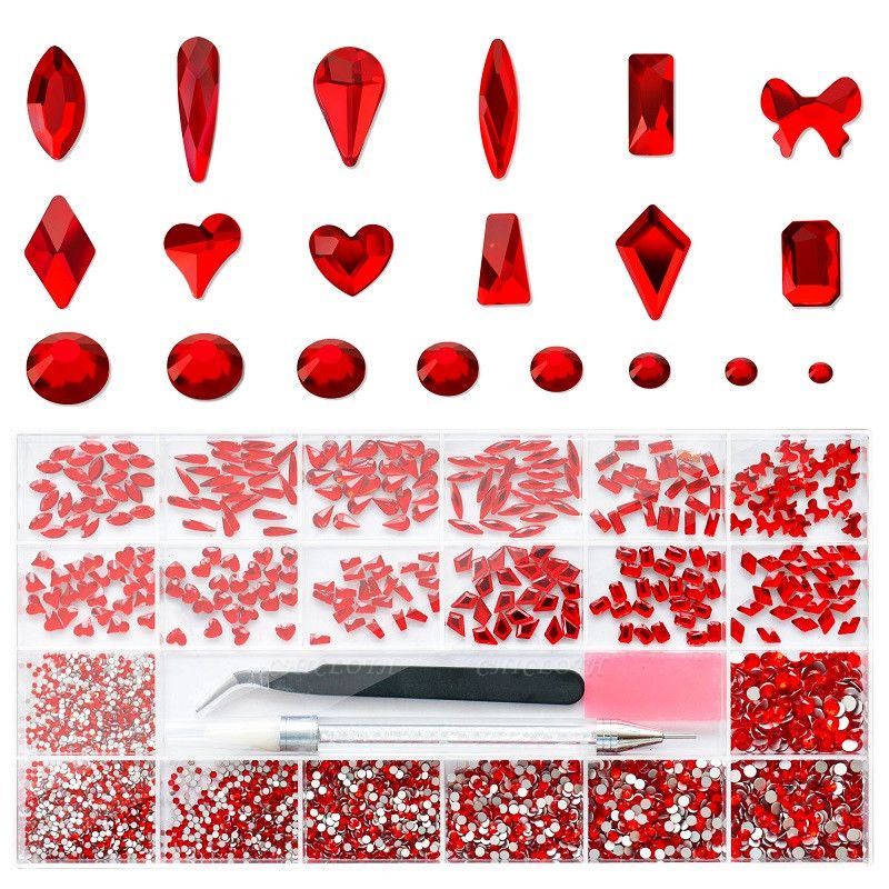Molisaka Red Nail Rhinestones Set, Mix Sizes Flatback Crystals Nail Gems Stones, Multi Shapes Glass Red Rhinestones for Nails Art, with Wax Pen and Tweezers, Red Diamonds for Nails in the Storage Box