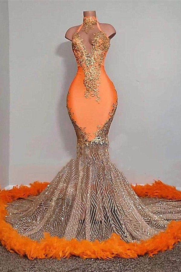 Chic Orange Halter Sleeveless Floor Length Mermaid Prom Dress