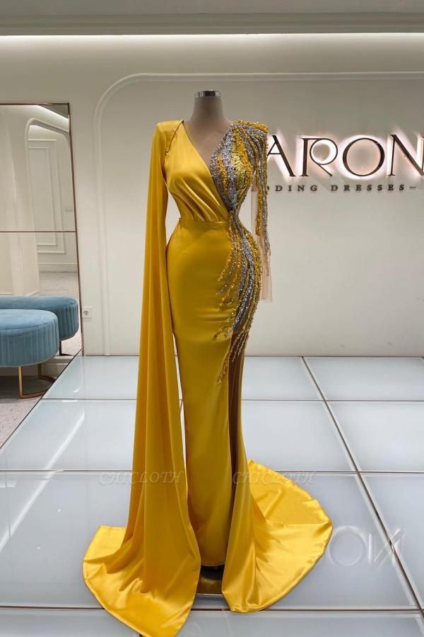 Gorgeous Yellow Long Sleeves V-neck Stretch Satin Prom Dress