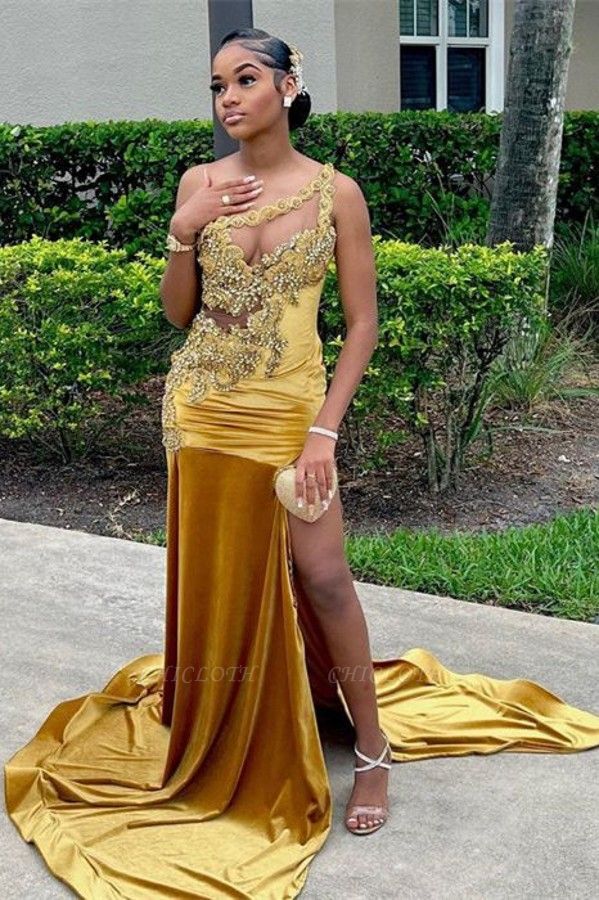Charming Gold One Shoulder Floor Length Satin Prom Dress with Appliques