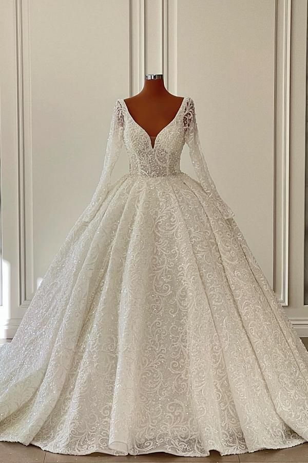 Charming V-neck Long Sleeves Floor Length Chapel Lace Wedding Dress