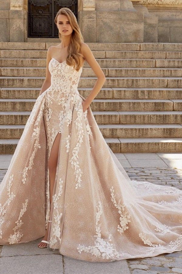 Elegant Champagne Sweetheart A-line Detachable Wedding Dress