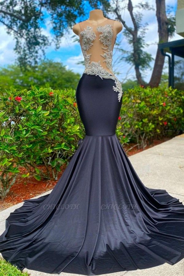 Charming Black Jewel Mermaid Prom Dress with Appliques