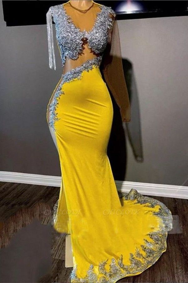 Gorgeous Yellow Tassel Floor Length Long Sleeves A-Line Prom Dress