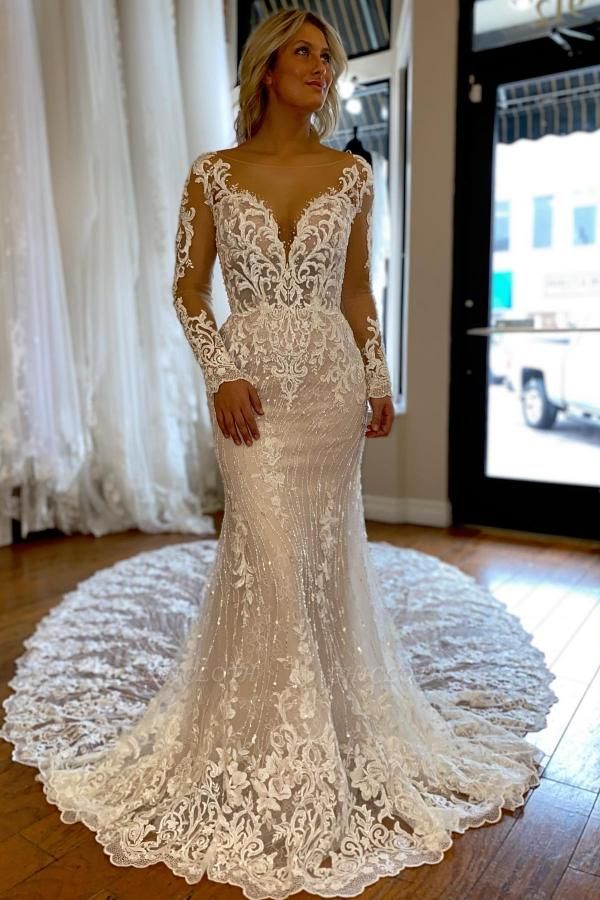 Charming Floor Length Long Sleeves Wedding Dress with Ruffles