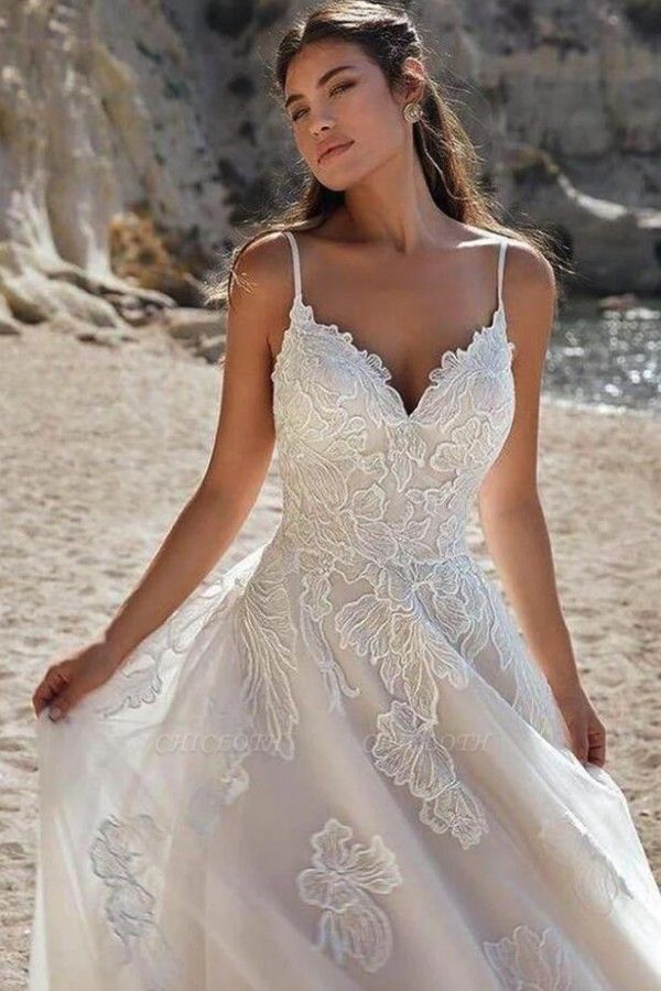 Elegant spaghettistraps sleeveless aline lace wedding dress