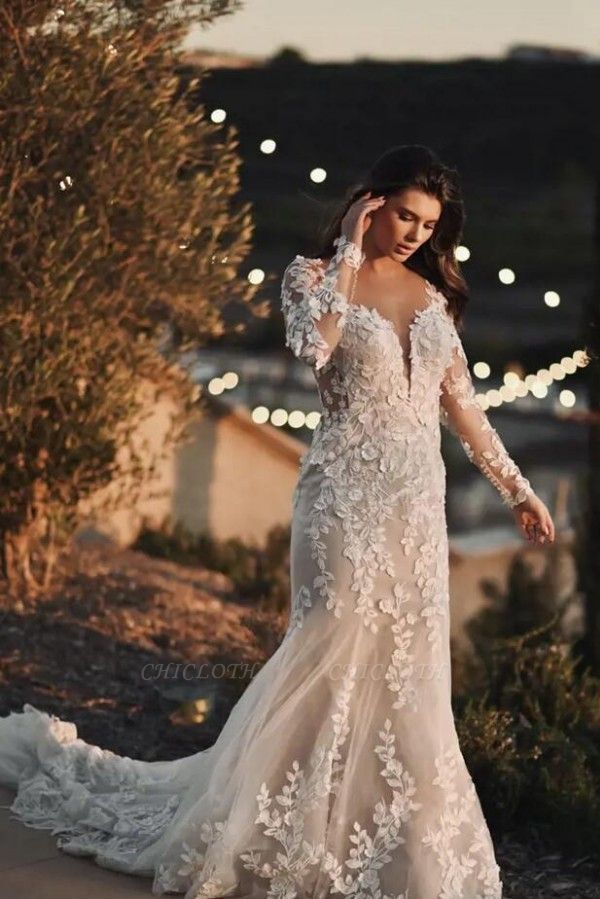 Beautiful sweetheart longsleeves mermaid lace wedding dress