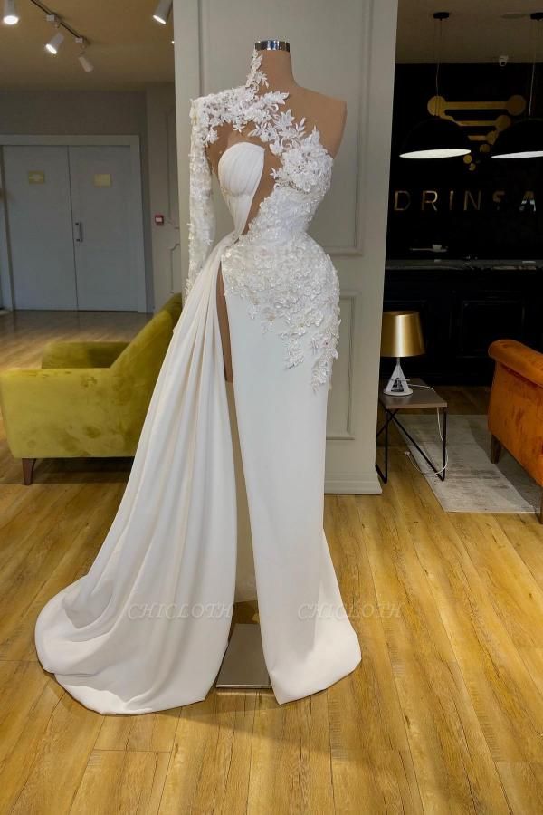 Gorgeous White Asymmetric Floor Length Long Sleeves Prom Dress