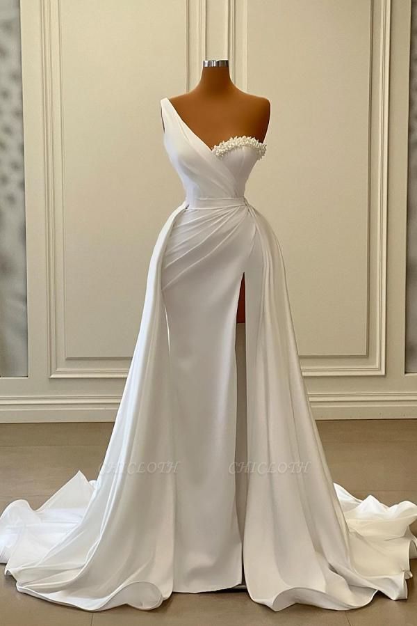 White One Shoulder Sleeveless Satin Prom Dress with Ruffles