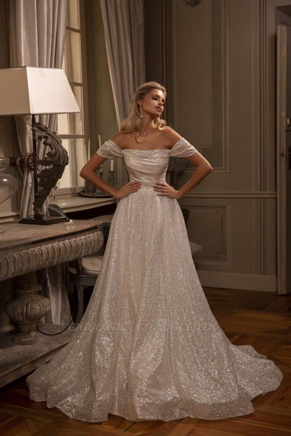 Noble strapless capsleeves A-line light silk wedding dresses