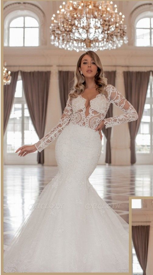 Sexy vneck longsleeves mermaid lace wedding dress hollow