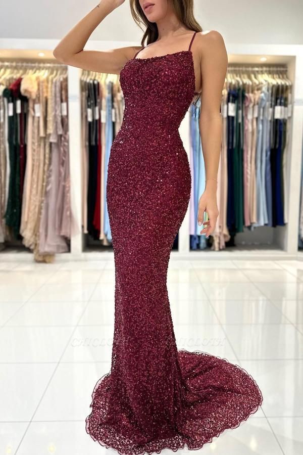 Burgundy Beading Spaghetti Straps Mermaid Prom Dress