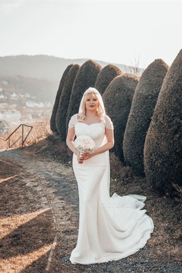 Ivory Short Sleeves A-Line Floor Length Mermaid Wedding Dress