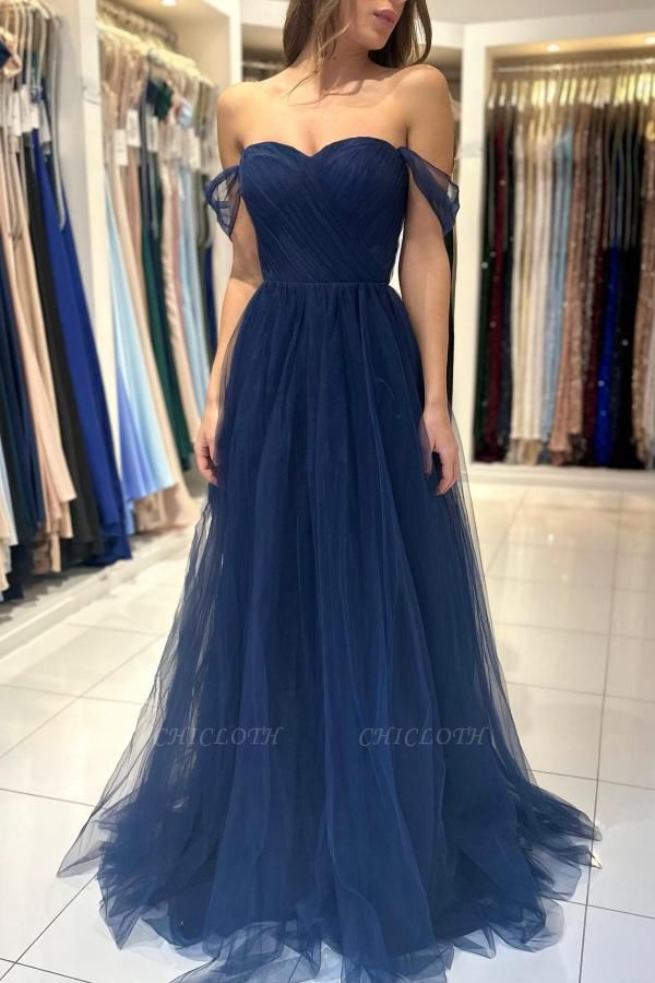 Dark Blue Strapless Off the Shoulder A-Line Tulle Prom Dress