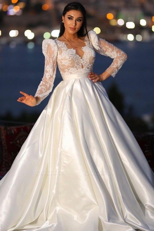 Elegant vneck longsleeves aline satin wedding dress lace