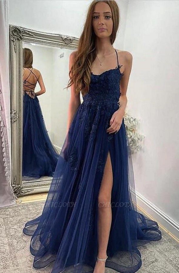 Elegant spaghettistraps sleeveless aline prom dresses splitfront
