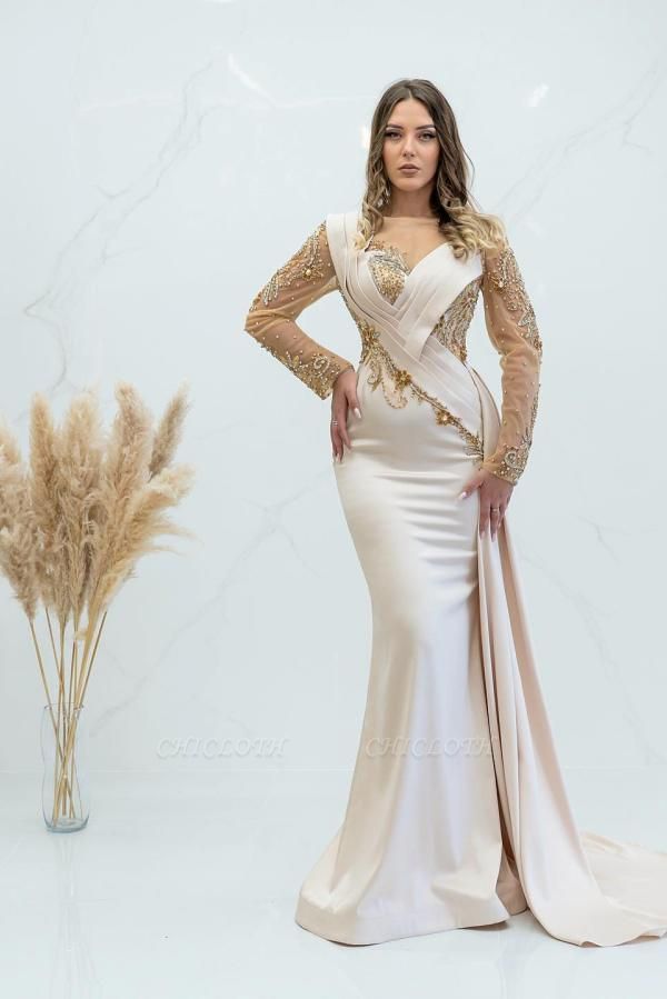 Deluxe Beading V-neck Floor Length Long Sleeves Prom Dress with Appliques
