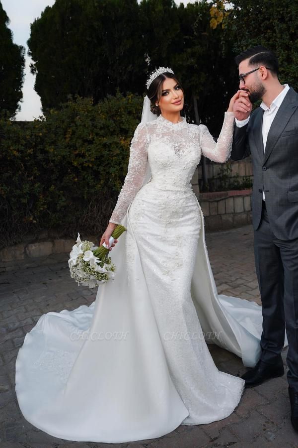Charming A-Line Jewel Long Sleeves Wedding Dress with Chapel Train