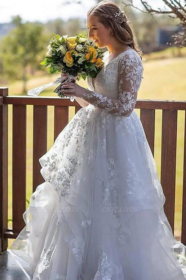 Romantic vneck longsleeves ballgown lace wedding dress