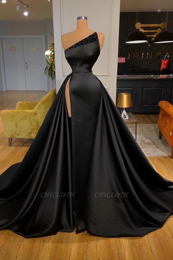 Black Beading One Shoulder A-Line Prom Dress with Ruffles